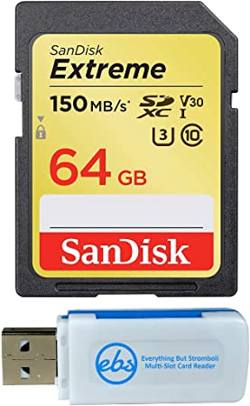 SanDisk 64GB SDXC SD Extreme Memory Card Works with Canon EOS 77D, 80D, 70D, 6D, 60D Digital DSLR Camera 4K V30 U3 (SDSDXVE-064G-GNCIN) Bundle with (1) Everything But Stromboli Combo Card Reader