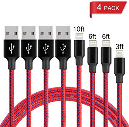 DNLM iPhone Charger, MFi Certified Lightning Charging Cable, USB Nylon Braided Syncing 4Pack 3FT 6FT 6FT 10FT Compatible iPhone Xs/Max/XR/X/8/8Plus/7/7Plus/6S/6S Plus (Red and Blue)