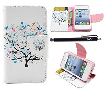 iPhone 4S Case, iPhone 4 Case Wallet, iYCK Premium PU Leather Flip Carrying Magnetic Closure Protective Shell Wallet Case Cover for iPhone 4 / 4S with Kickstand Stand - Butterfly Floral Tree