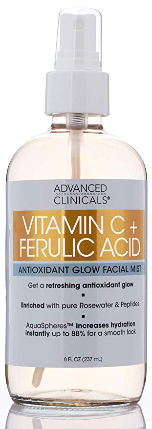 Vitamin C   Ferulic Acid Antioxidant Glow Face Mist Spray Skin Refreshing, Hydrating, and Non-Greasy Facial Toner Spray for Instant Hydration with Pure Rosewater by Advanced Clinicals, 8 oz.