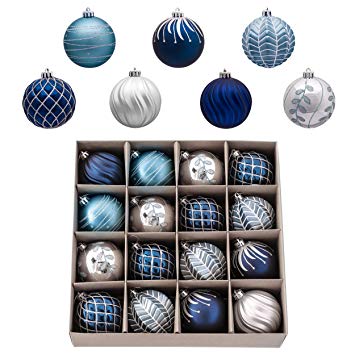 Valery Madelyn 16ct 80mm Winter Wishes Silver Blue Shatterproof Christmas Ball Ornaments Decoration for Christmas Tree