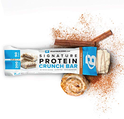 Bodybuilding Signature Protein Crunch Bar | 20g Whey Protein Low Sugar | Gluten Free No Artificial Flavors | (12 Bars, Cinnamon ROLL)