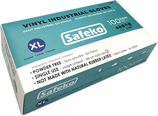 Safeko Vinyl Powder Free, Disposable Gloves - Latex Free, X-Large, Box of 100 Gloves , Clear