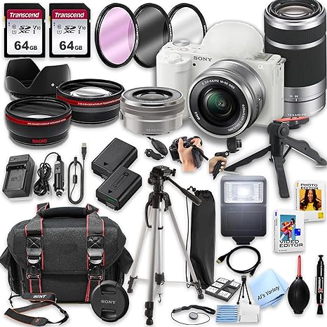 Sony ZV-E10 (White) Mirrorless Camera with16-50mm & 55-210mm Zoom Lenses   128GB Memory, Spare Battery, Filters,Case, Tripod, Flash, and More (39pc Bundle)