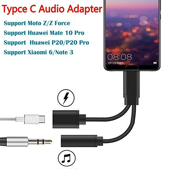 Type C to 3.5mm Headphones Jack, ADTRIP USB C to 3.5mm Audio Adapter for Huawei Mate 10 Pro, Huawei P20/P20 Pro, Moto Z/Z Force/Z2 Force and Xiaomi 6/Note 3 Smartphones (black)