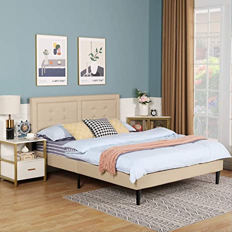 VECELO Upholstered Platform Bed Frame with Height Adjustable Headboard/Mattress Foundation with Strong Slat Support, Easy Assembly (Full, Beige)