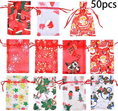 Funkprofi 50 PCS 4x6 Inches Mixed Color Christmas Organza Gift Bags with Drawstring, Jewelry Candy Bags for Wedding Party, Including Patterns of Santa Claus, Christmas Stockings, Christmas Hats etc.