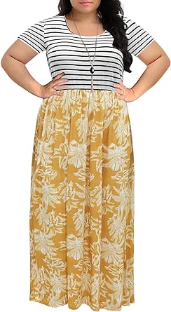 Nemidor Women's Chevron Print Summer Short Sleeve Plus Size Casual Maxi Dress