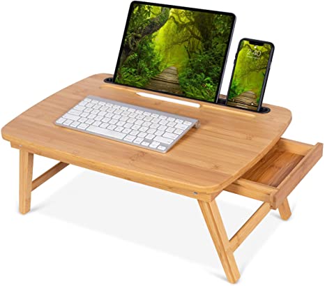 BIRDROCK HOME Portable Sit or Stand Desk with Storage Drawer and Media Slot - Laptop Table for Sitting or Standing - Bed Couch Chair Sofa Lap Tray - Work from Home - Homework Student Table - Natural