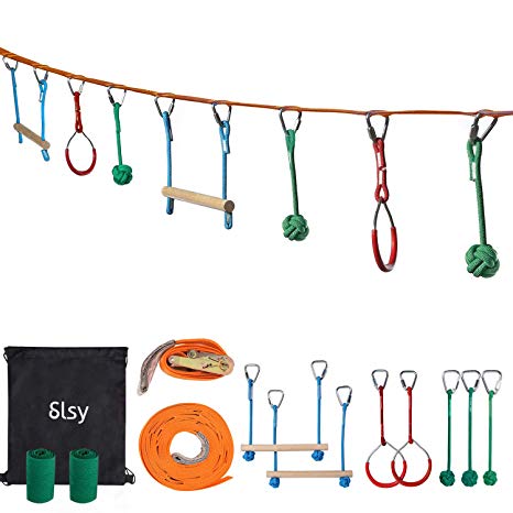 Slsy Ninja line Monkey Bar Kit 40 Foot, Kids Slackline Hanging Obstacle Course Set Warrior Training Equipment for Backyard Outdoor Playground, with Tree Pads, Gym Rings, 440lb Capacity, Carrying Bag