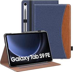 MoKo Case for Samsung Galaxy Tab S9 FE 10.9-Inch 2023 (SM-X510/SM-X516/SM-X518), PU Leather Multi-Angle Viewing Stand Cover Case with Pencil Holder, Front Pocket, Auto Wake/Sleep, Denim Blue & Brown