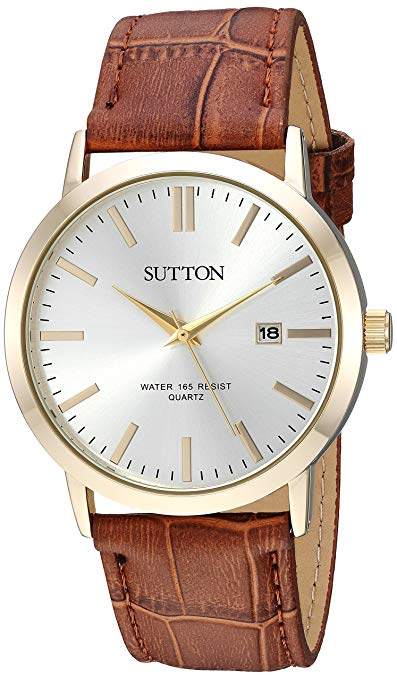 Sutton by Armitron Men's SU/5001SVGP Date Function Gold-Tone and Brown Leather Strap Watch