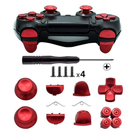 TOMSIN Metal Buttons for DualShock 4, Aluminum Metal Thumbsticks Analog Grip & Bullet Buttons & D-pad & L1 R1 L2 R2 Trigger for PS4 Controller Gen 1 (Metal Red)