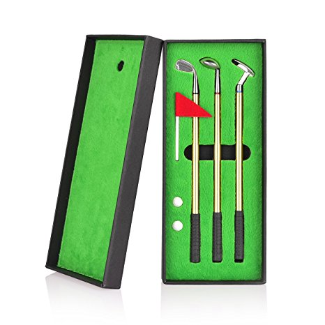 Golf Pen Set,KEDA Mini Desktop Golf Ball Pen Gift Set with Putting Green, Flag, 3 Colors Metal Golf Clubs Models Pens & 2 Balls