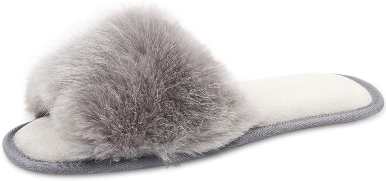 Women Fuzzy House Slippers: Fluffy Open Toe Summer Slides Slippers - Furry Ladies Bedroom Slipper - Soft Fur Memory Foam Indoor Outdoor Home Shoes