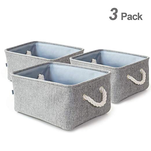 Ewolee Storage Bins Baskets, 3 Pack Collapsible Linen Fabric Cloth Storage Cube Set with Cotton Rope Handles, Closet Shelf Organizer for Home Office Bedroom Laundry Room, Light Grey