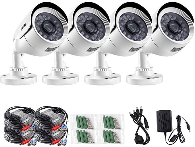 ZOSI 4 Pack 720P Surveillance Bullet Cameras 1.0MP Day Night Weatherproof CCTV Camera Indoor Outdoor, Night Vision Up to 20 Meters Surveillance Camera