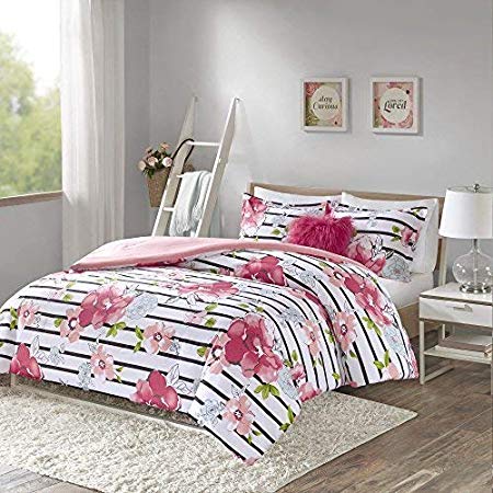 Comfort Spaces - Zoe Comforter Set - 3 Piece Cute Pink Floral Bed Set with Faux Fur Decorative Pillow - Twin Size Flower Bedding Bed in A Bag