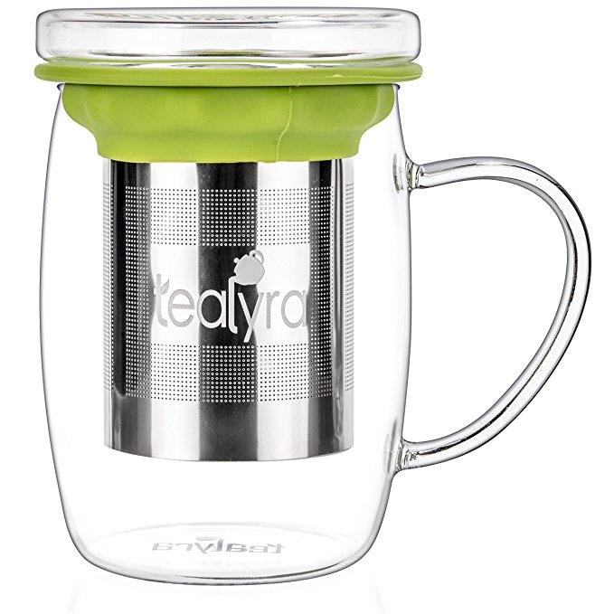 Tealyra - perfecTEA - Glass Cup Infuser - 450ml - Borosilicate Glass Tea Mug with Lid and Stainless Steel Basket - Perfect for Office and Home Uses - Loose Leaf Tea Steeping