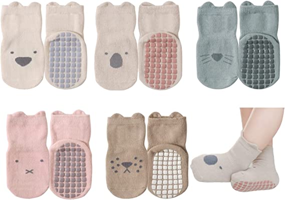 Baby Socks with Grips for Girls Boys 5 Pairs Cute Animal Cartoon Toddler Kids Anti-Slip Socks