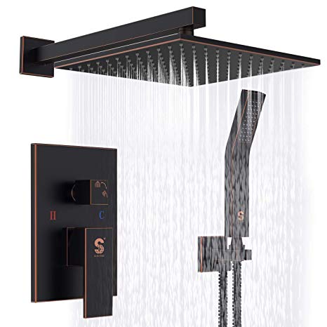 SR SUN RISE Oil Rubbed Bronze Shower System 10 Inch Brass Bathroom Luxury Rain Mixer Shower Combo Set Wall Mounted Rainfall Shower Head System Shower Faucet Rough-in Valve Body and Trim Included