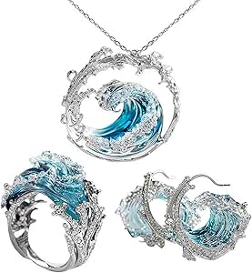 Sea-ocean's Oath Necklace Jewelry Set, Adjustable Ocean Wave Necklace/Ring/Earring Romance From The Sea-ocean's Oath, Jewelry Gift for Women Girls