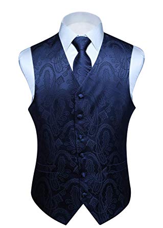 Hisdern Men's Classic Paisley Floral Jacquard Waistcoat&Necktie and Pocket Square Vest Suit Set