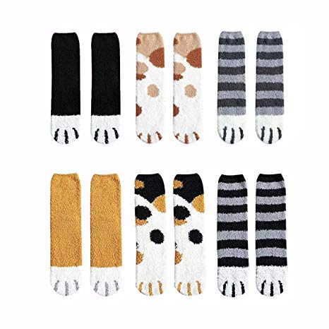 6 Pack Plush Cozy Slipper Sock Cute Cat Claw Design for Girls Womens Winter Indoor