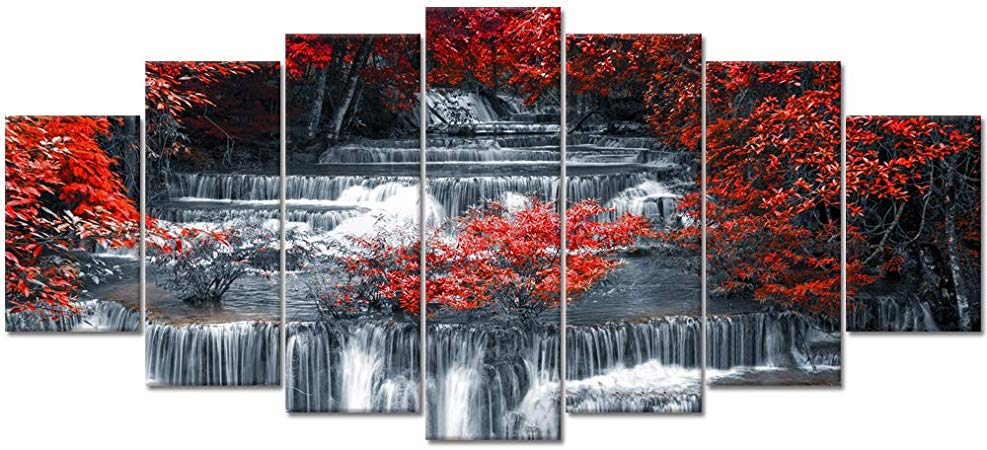 Visual Art Decor XLarge 7 Pieces Canvas Wall Art Red Trees Forest Black and White Waterfall Nature Scenery Picture Prints Modern Home Office Living Room Wall Decoration (02 7 Pieces)