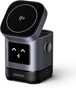 UGREEN Uno Qi2 Chargeur Induction iPhone 2 en 1 Certifié 15W Statut Émoji Compatible avec MagSafe iPhone 16 Plus Pro Max 15 14 13 12 Mini AirPods 4 3 2 Pro Chargeur sans Fil Magnétique Pliable