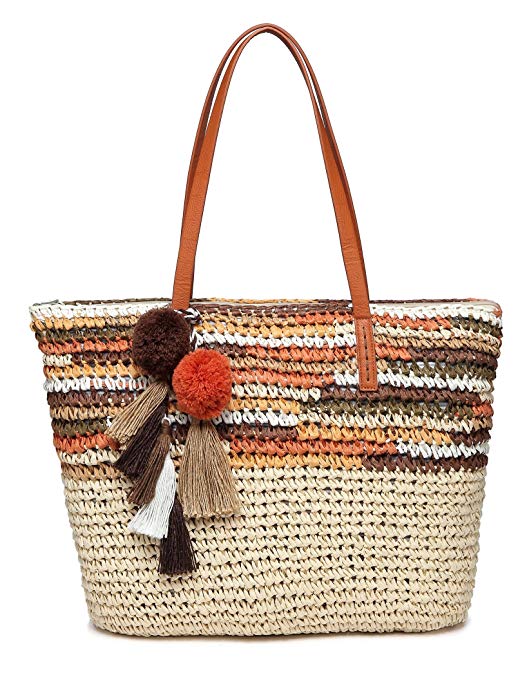 Daisy Rose Large Summer Beach Bag with inner pouch | Tote With Vegan Leather Handles, Pom Poms & Tassels