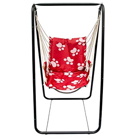 AMANKA Swing set with chair and stand frame Metal Frame with hanging armchair Rocking hanging swing with armrest & back support Children and adults Indoor & Outdoor Red with footprints