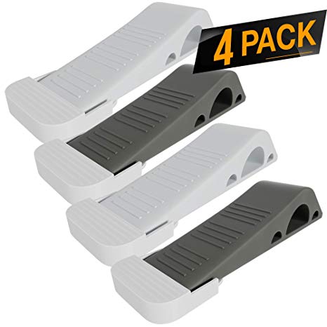 4 Pack Door Stopper [RELIABLE AND PRACTICAL] Rubber Door Stop Security Wedge, Flexible, Non-toxic, Longer Lasting Works with ALL FLOOR SURFACE TYPES [EASY INSTALL HINGES WITH BONUS HOLDERS]