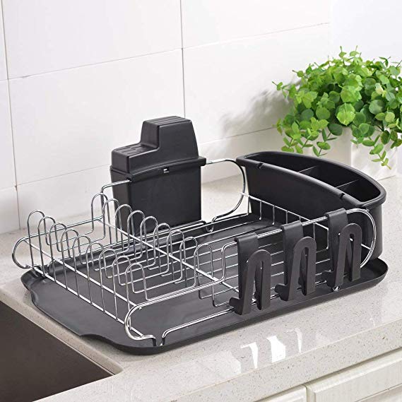 Wtape Steel Rust Proof Kitchen Draining Dish Drying Rack, Dish Rack With Black Drainboard, 3 Separate Cup Holder Attachments, A Wide Utensil Holder and Knife Holder Attachment