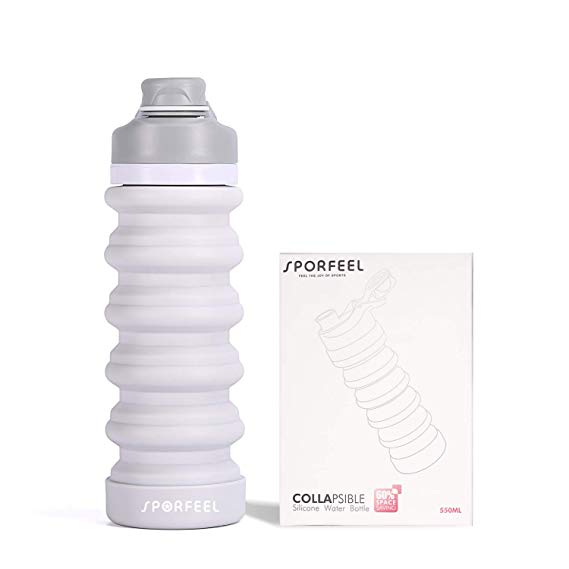 SPORFEEL Retractable Collapsible Water Bottles Reusable Water Bottle Travel Water Bottle BPA Free FDA Approved Food-Grade Silicone Lightweight Portable Leak Proof Foldable, 18.6oz