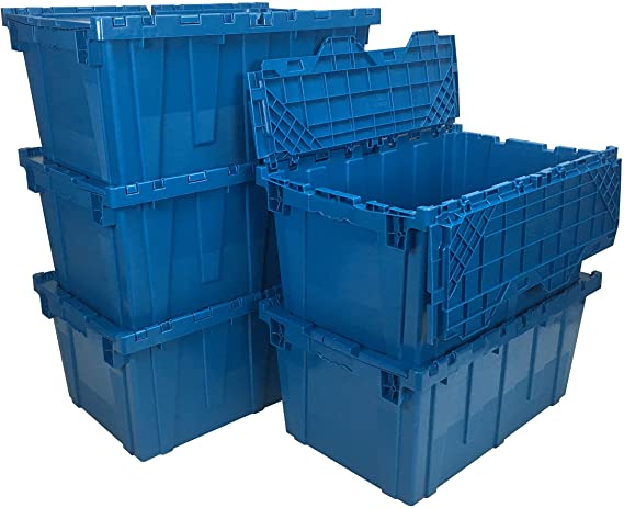 uBoxes, Storage and Packing Plastic Tote Crate Attached Lid Flip Top, 27-Inch x 17-Inch x 12-Inch (blue, Pack of 5)