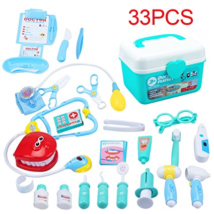 KEDA Durable Kids Doctor Kit Pretend Play Toy Set 33 Pieces Dentist Medical Kit with Electronic Stethoscope for Boys and Girls