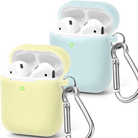 Airpods Case, GMYLE Silicone Protective Shockproof Wireless Charging Earbuds Case Cover Skin with Keychain kit Set Compatible for Apple AirPods 1 & 2, Light Aqua and Transparent Yellow [LED Visible]