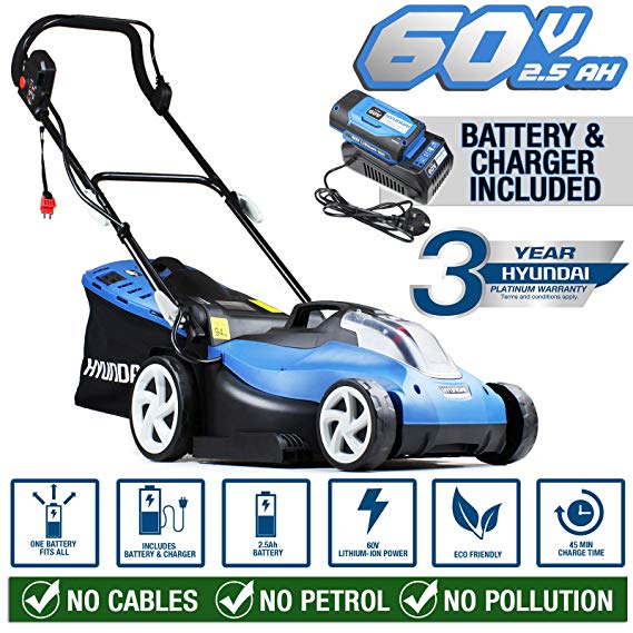 Hyundai Cordless Powered Lawn Mower 38cm Cutting Width with 60V Lithium Ion Battery and Charger HYM60LI380, Blue