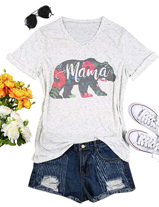 SCX Mom's T-Shirt Cute Letter Print Mama Summer Colorful V Neck Shirt for Mom's Gift