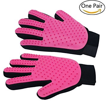 Freefa Pet Grooming Gloves Mitts, Pet Deshedding Bathing Massage Brush Glove Comb for Long & Short Hair Dogs, Cats, Bunnies, Horses, 2 Pack (LEFT&RIGHT,PINK)