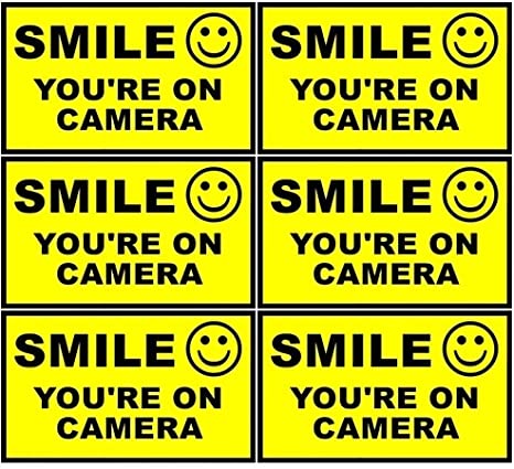 Outdoor/Indoor (6 Pack) 90mm x 57mm Home Business SMILE YOU'RE ON CAMERA Yellow Window Door Warning Security Alert Sticker Decals **Back Self Adhesive Vinyl **