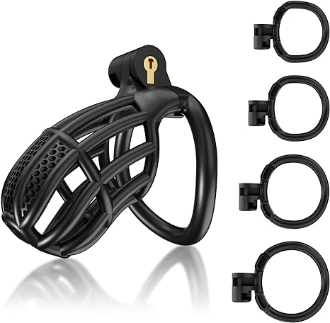 Male Chastity Device Cock Cage - UTIMI Large Plastic Chastity Cage for Man Penis Exercise 3D Printed Black Bondage Gear Lightweight Adult Sex Toy with 4 Sizes Rings Invisible Lock and Key