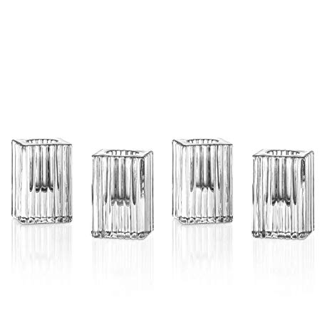 LampLust Glass Taper Candle Holders - 2 Inch Tall, Clear Fluted Glass, Fits Standard 3/4 Inch Tapered Candlesticks, for Home Decor, Wedding Reception or Holiday Table Decoration, Set of 4