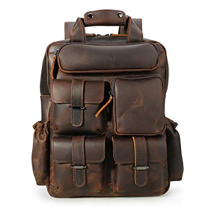 Tiding Vintage Men's Genuine Crazy Horse Leather 14 Inch Multi Pockets Laptop Backpack Shoulder Bag Travel Bag Dark Brown