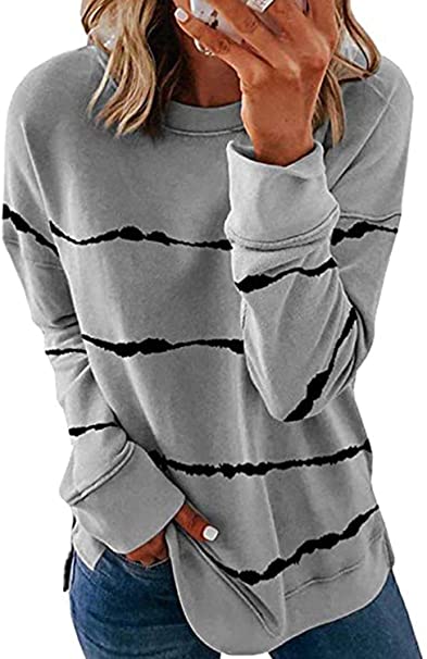 Dearlove Womens Casual Crewneck Tie Dye Sweatshirt Striped Printed Loose Soft Long Sleeve Pullover Tops Shirts Plus Size