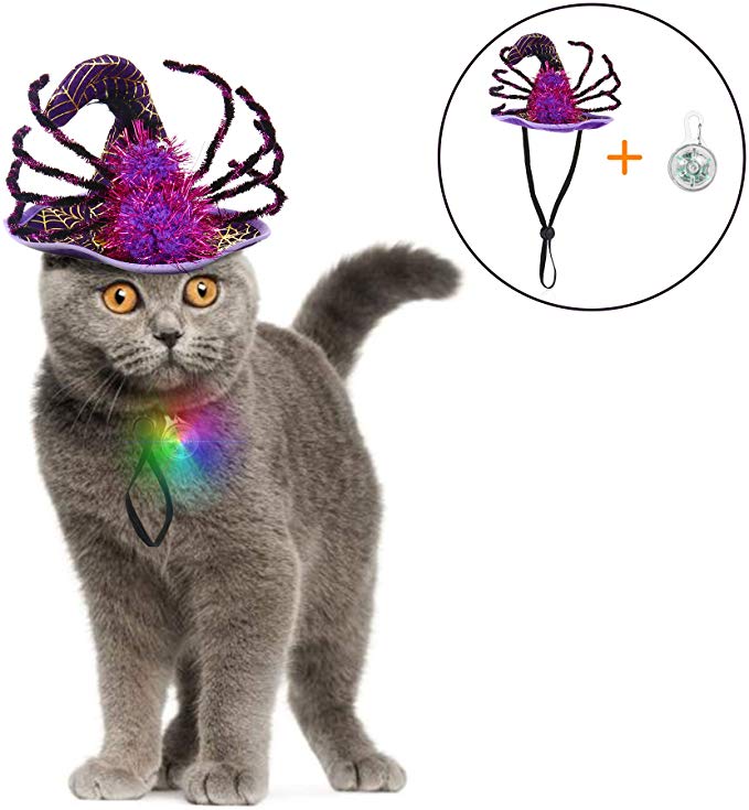IPOW Cat Dog Halloween Costumes Hats Pet Costumes for Small Dogs Super Funny Cute Cat Dog Spider Costume Cat Witch Hat with an Individual Flashing LED Light Attractive Small Dog Cat Puppy Costumes