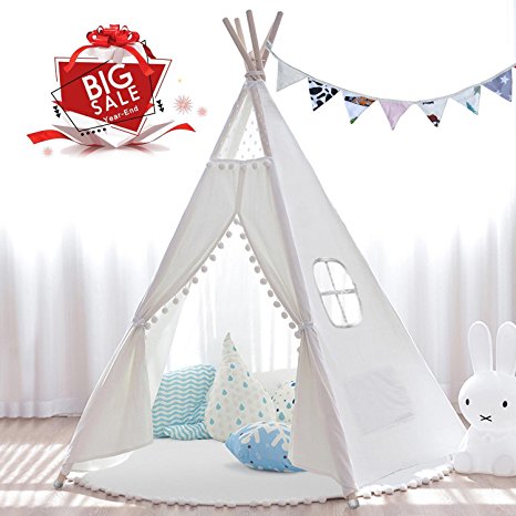 Kids Teepee Tent 6' Indoor Outdoor Children Indian Play Tent 5 Wooden Poles Canvas Tipi with Cotton Mat, Carry Bag, Decorations Star Stickers & Flag By JOYNOTE (White)