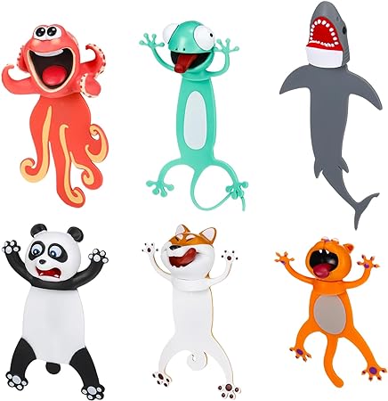 Zonon 6 Pieces Wacky Bookmarks Animal Bookmarks 3D Squashed Bookmarks for Kids Students Teachers, Funny Bookmark for Reading (Vibrant Style)