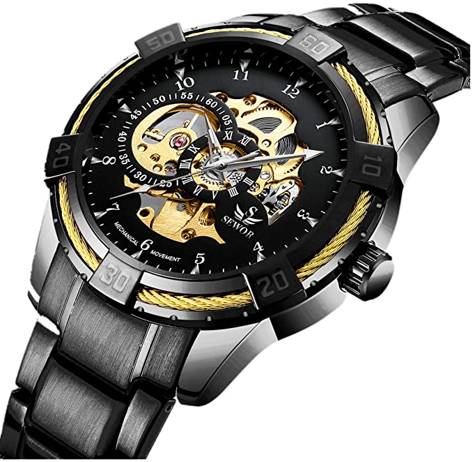 Men's Watches Skeleton Mechanical Fashion Business Automatic Punk Style with Stainless Steel Band Wrist Watch Black Gold